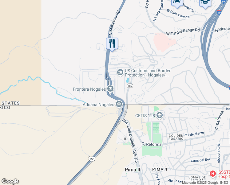 map of restaurants, bars, coffee shops, grocery stores, and more near 200 North Mariposa Road in Nogales