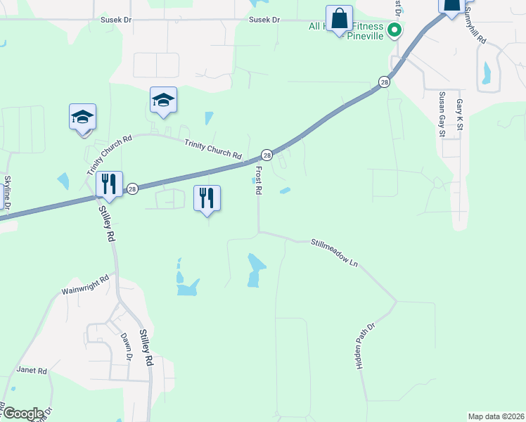 map of restaurants, bars, coffee shops, grocery stores, and more near 450 Froust St in Pineville