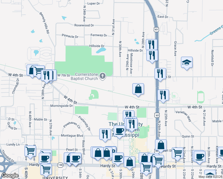 map of restaurants, bars, coffee shops, grocery stores, and more near 602 North 31st Avenue in Hattiesburg