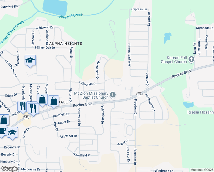 map of restaurants, bars, coffee shops, grocery stores, and more near 204 Ridgeway Drive in Enterprise