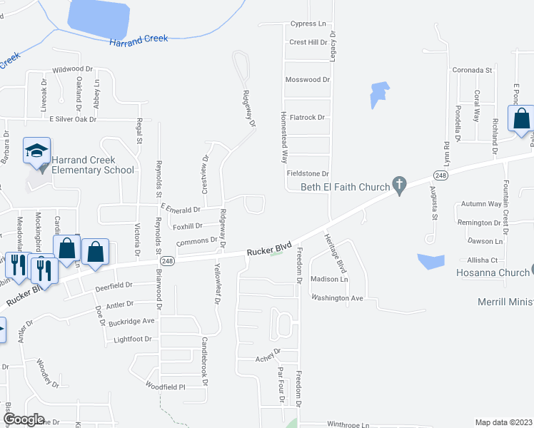 map of restaurants, bars, coffee shops, grocery stores, and more near 152 Woodmere Drive in Enterprise