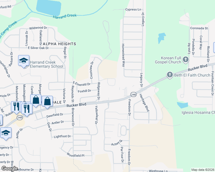 map of restaurants, bars, coffee shops, grocery stores, and more near 134 Woodmere Drive in Enterprise