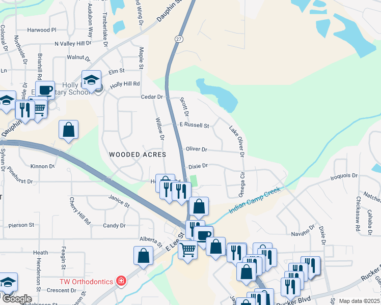 map of restaurants, bars, coffee shops, grocery stores, and more near 814 Dixie Drive in Enterprise