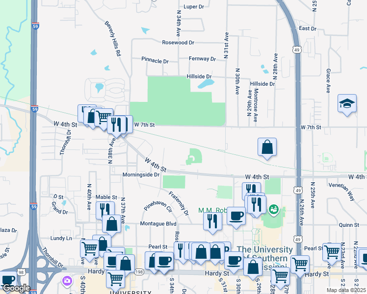 map of restaurants, bars, coffee shops, grocery stores, and more near 3211 W 4th St in Hattiesburg