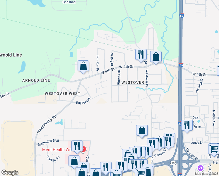 map of restaurants, bars, coffee shops, grocery stores, and more near 209 Pecan Grove Drive in Hattiesburg