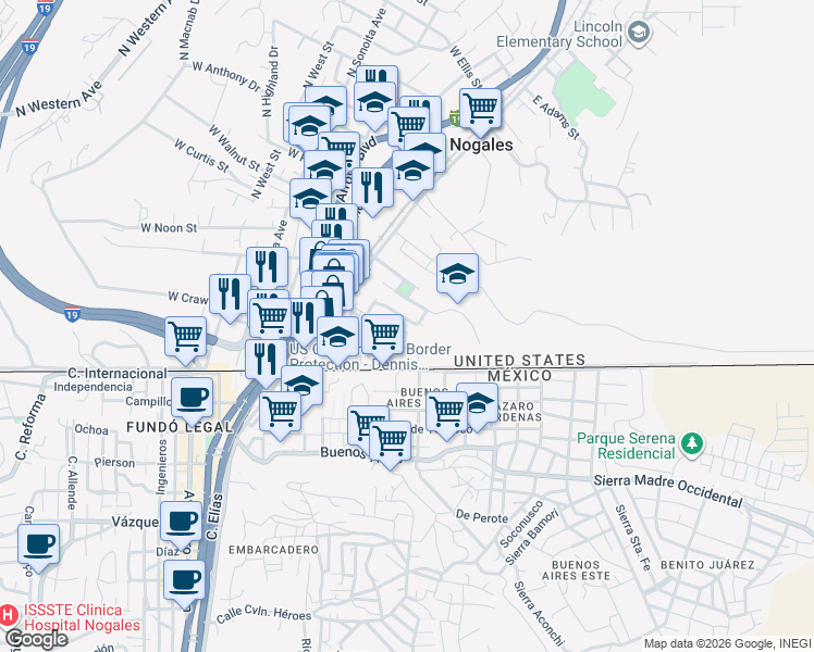map of restaurants, bars, coffee shops, grocery stores, and more near 116 East South-Court Street in Nogales