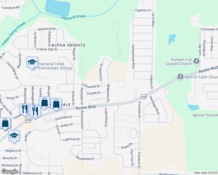 map of restaurants, bars, coffee shops, grocery stores, and more near 108 Foxchase Lane in Enterprise