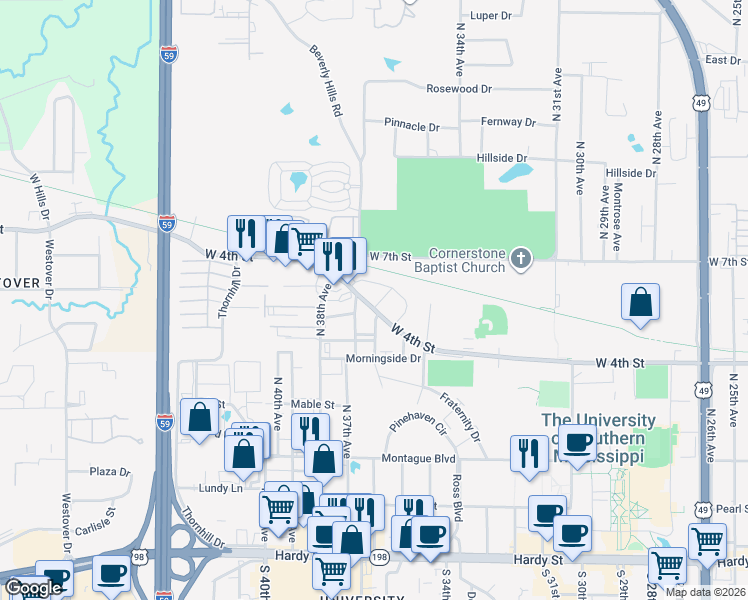 map of restaurants, bars, coffee shops, grocery stores, and more near 121 Virginia Drive in Hattiesburg