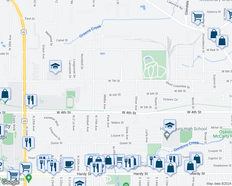 map of restaurants, bars, coffee shops, grocery stores, and more near 1414 West 7th Street in Hattiesburg