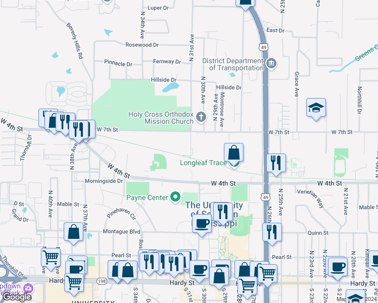 map of restaurants, bars, coffee shops, grocery stores, and more near 619 North 31st Avenue in Hattiesburg