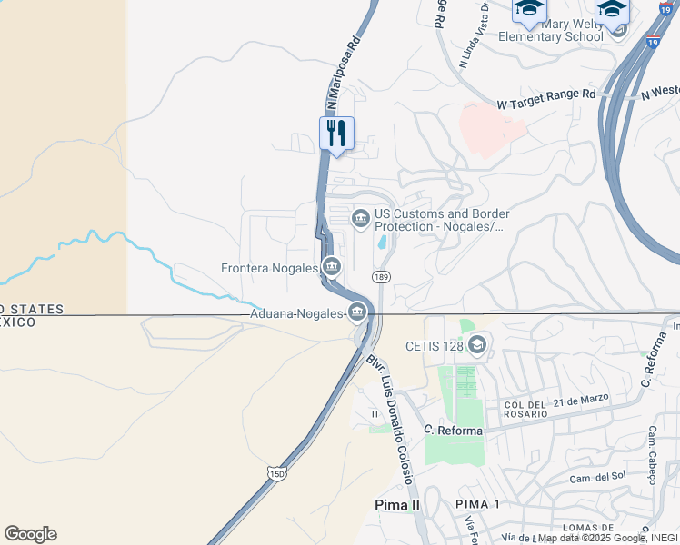 map of restaurants, bars, coffee shops, grocery stores, and more near 200 North Mariposa Road in Nogales