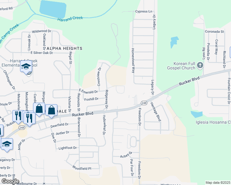 map of restaurants, bars, coffee shops, grocery stores, and more near 110 Woodmere in Enterprise