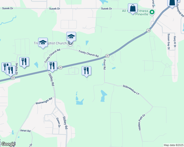 map of restaurants, bars, coffee shops, grocery stores, and more near 201 Sandifer Lane in Pineville