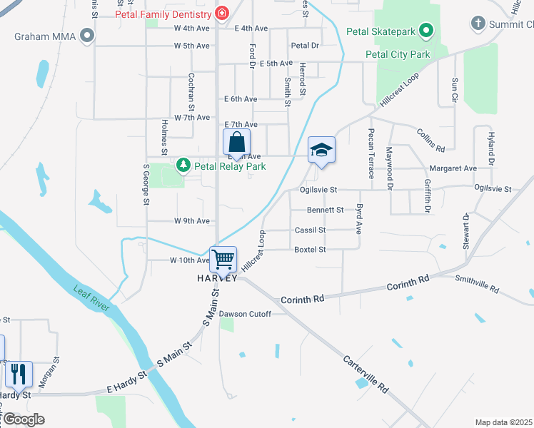 map of restaurants, bars, coffee shops, grocery stores, and more near 400 Hillcrest Loop in Petal