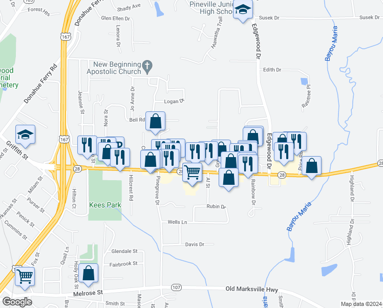 map of restaurants, bars, coffee shops, grocery stores, and more near 2747 Louisiana 28 in Pineville