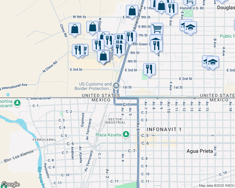 map of restaurants, bars, coffee shops, grocery stores, and more near 15 Pan American Avenue in Douglas
