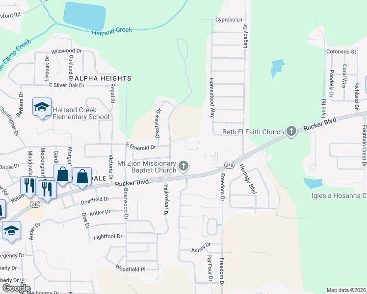 map of restaurants, bars, coffee shops, grocery stores, and more near 106 Woodmere in Enterprise