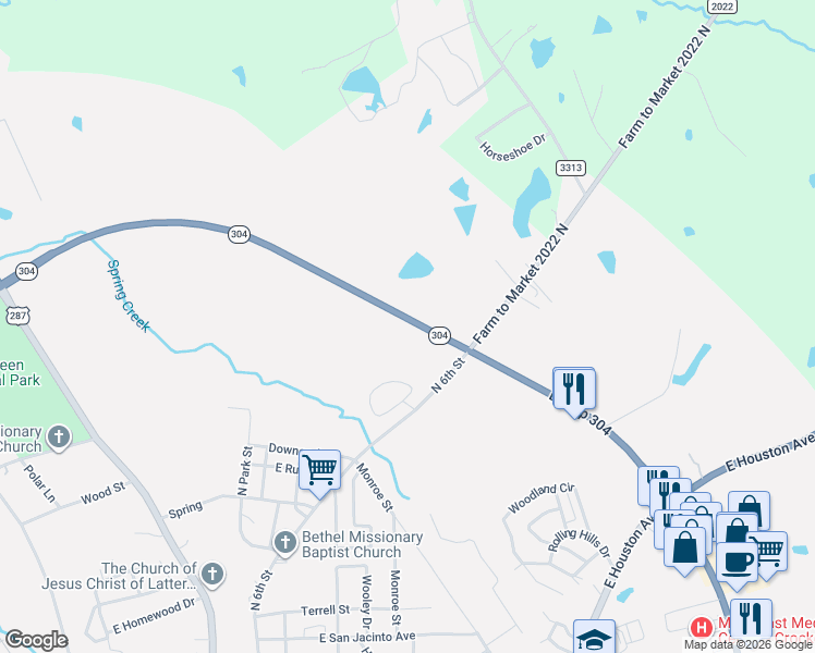 map of restaurants, bars, coffee shops, grocery stores, and more near 411 Texas 304 Loop in Crockett