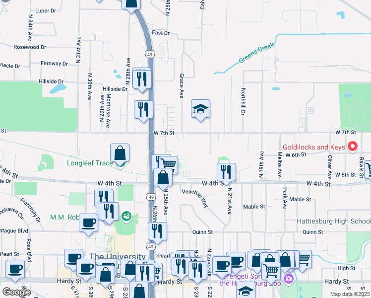 map of restaurants, bars, coffee shops, grocery stores, and more near 2414 West 7th Street in Hattiesburg