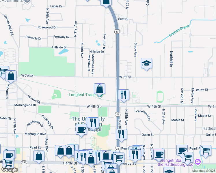 map of restaurants, bars, coffee shops, grocery stores, and more near 111 Hardwood Court in Hattiesburg