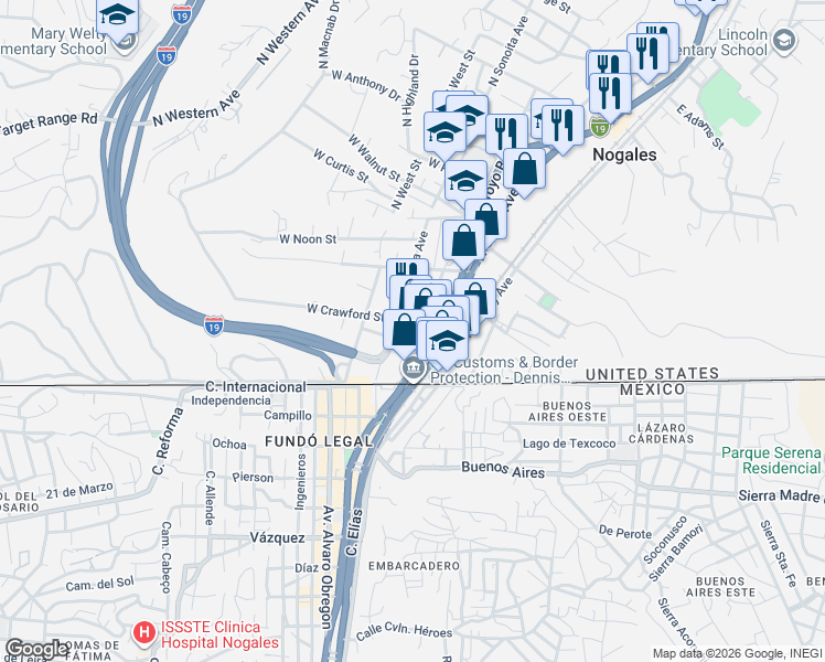 map of restaurants, bars, coffee shops, grocery stores, and more near 152 North Terrace Avenue in Nogales