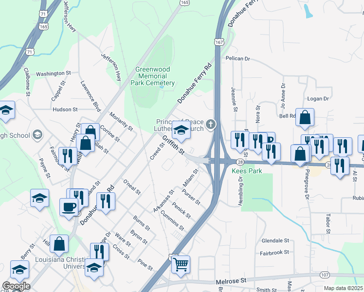 map of restaurants, bars, coffee shops, grocery stores, and more near 207 Griffith Street in Pineville