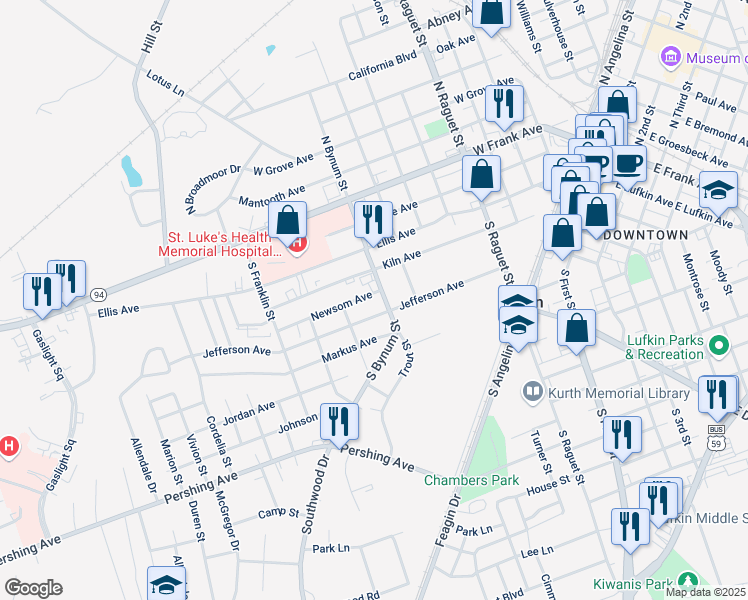 map of restaurants, bars, coffee shops, grocery stores, and more near 302 South Bynum Street in Lufkin