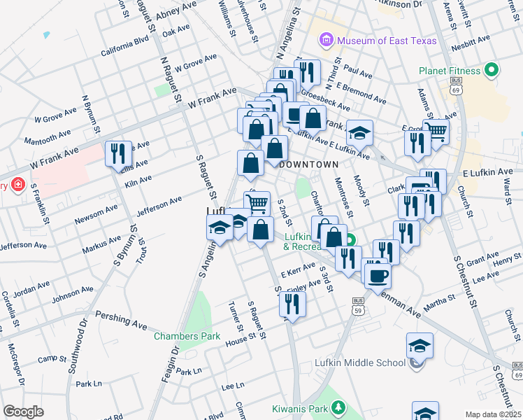 map of restaurants, bars, coffee shops, grocery stores, and more near 513 South First Street in Lufkin