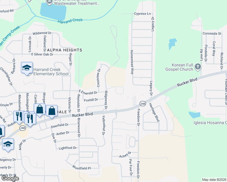 map of restaurants, bars, coffee shops, grocery stores, and more near 108 Foxchase Lane in Enterprise
