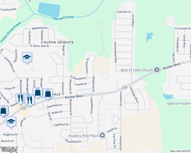 map of restaurants, bars, coffee shops, grocery stores, and more near 101 Foxchase Drive in Enterprise