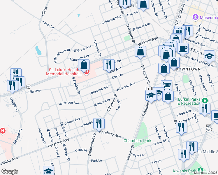 map of restaurants, bars, coffee shops, grocery stores, and more near 302 South Bynum Street in Lufkin