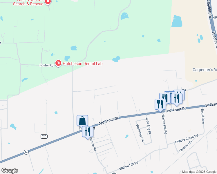 map of restaurants, bars, coffee shops, grocery stores, and more near Bowers Lane Private in Lufkin