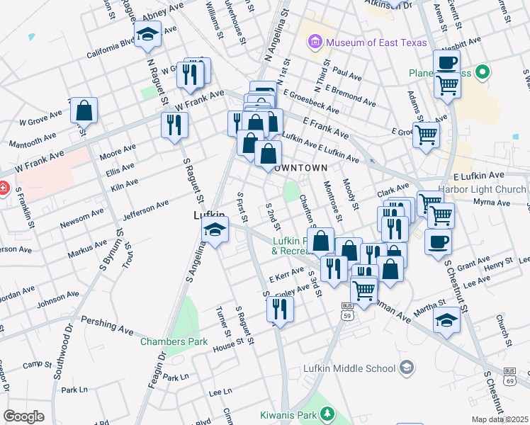 map of restaurants, bars, coffee shops, grocery stores, and more near 513 South 1st Street in Lufkin