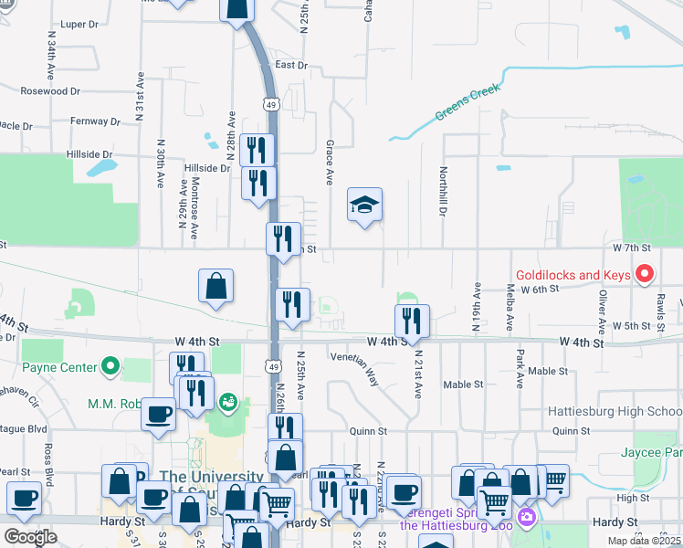 map of restaurants, bars, coffee shops, grocery stores, and more near 2414 West 7th Street in Hattiesburg