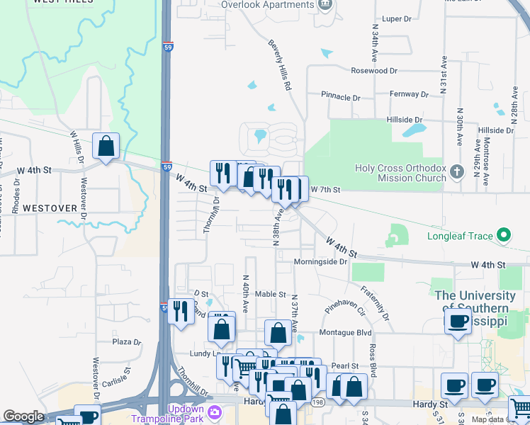 map of restaurants, bars, coffee shops, grocery stores, and more near 3809 Eagle Dr in Hattiesburg
