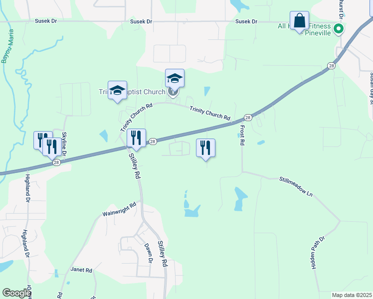 map of restaurants, bars, coffee shops, grocery stores, and more near 3840-3914 Louisiana 28 in Pineville