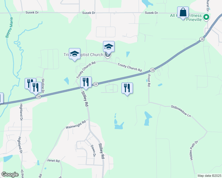 map of restaurants, bars, coffee shops, grocery stores, and more near 3840-3914 Louisiana 28 in Pineville