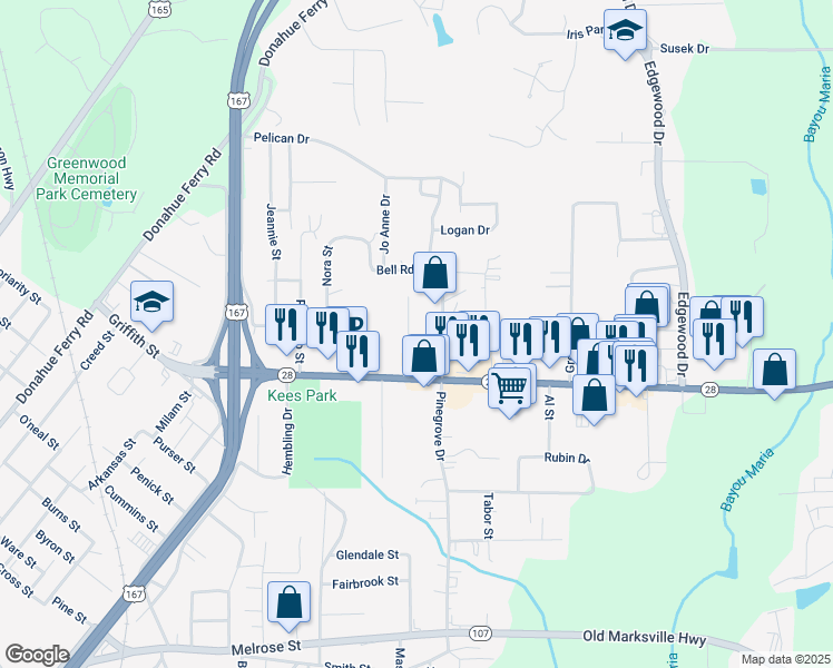 map of restaurants, bars, coffee shops, grocery stores, and more near 200 Cleco Drive in Pineville