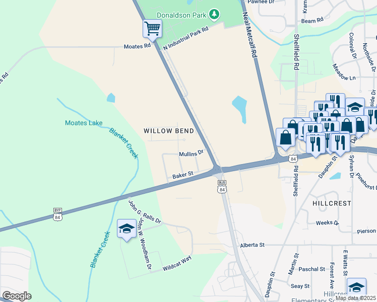 map of restaurants, bars, coffee shops, grocery stores, and more near 202 Mullins Drive in Enterprise