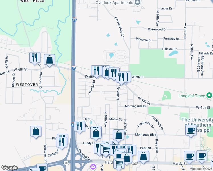 map of restaurants, bars, coffee shops, grocery stores, and more near 3901 Eagle Drive in Hattiesburg