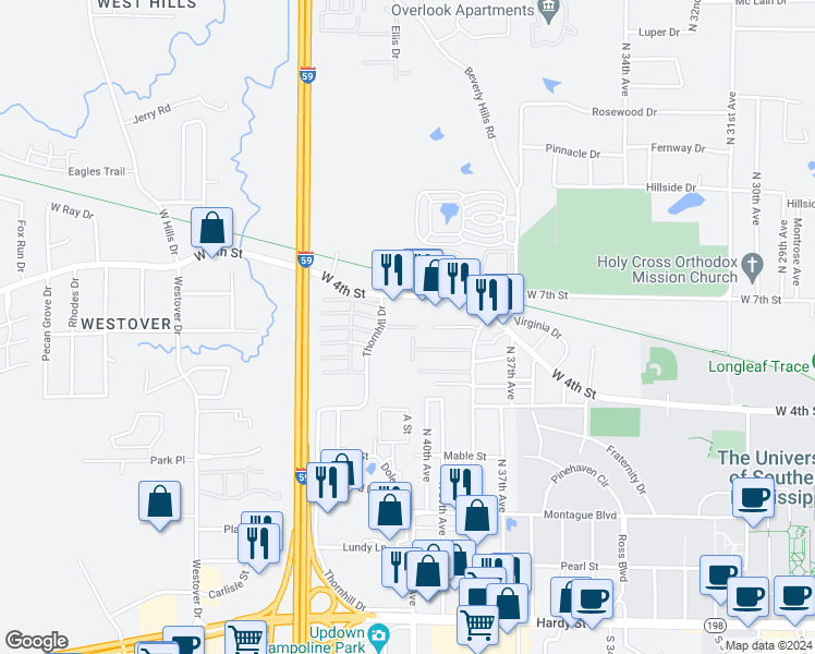 map of restaurants, bars, coffee shops, grocery stores, and more near 3901 Eagle Drive in Hattiesburg