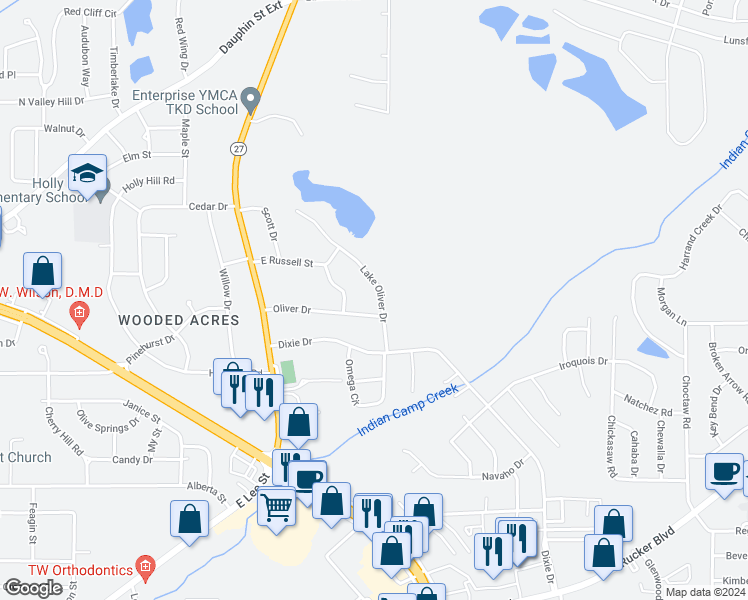 map of restaurants, bars, coffee shops, grocery stores, and more near 205 Lake Oliver Drive in Enterprise