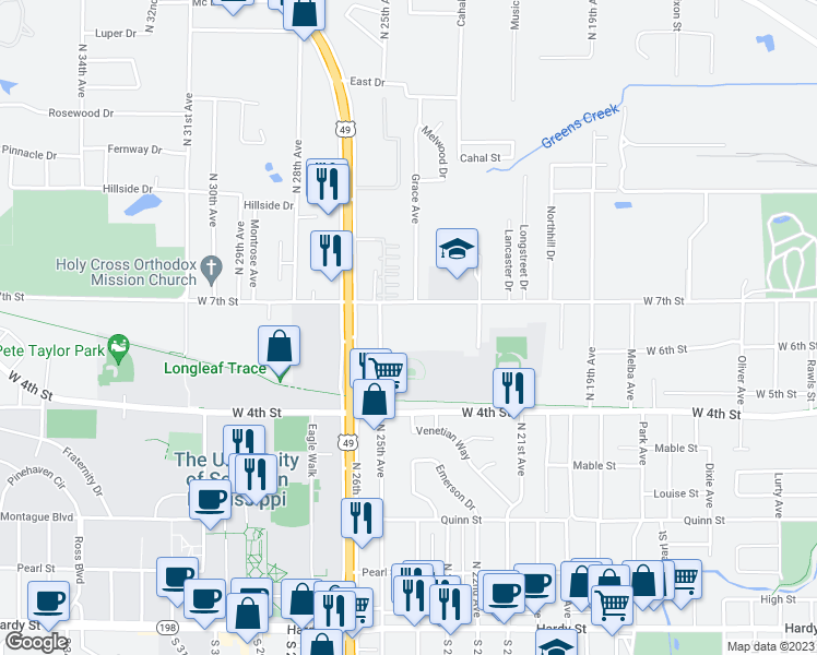 map of restaurants, bars, coffee shops, grocery stores, and more near 2414 West 7th Street in Hattiesburg