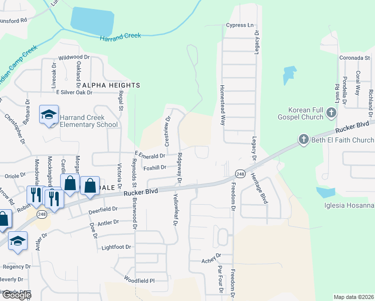 map of restaurants, bars, coffee shops, grocery stores, and more near 108 Foxchase Lane in Enterprise
