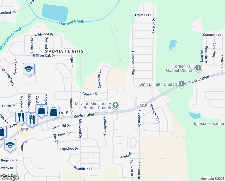 map of restaurants, bars, coffee shops, grocery stores, and more near 101 Foxchase Drive in Enterprise