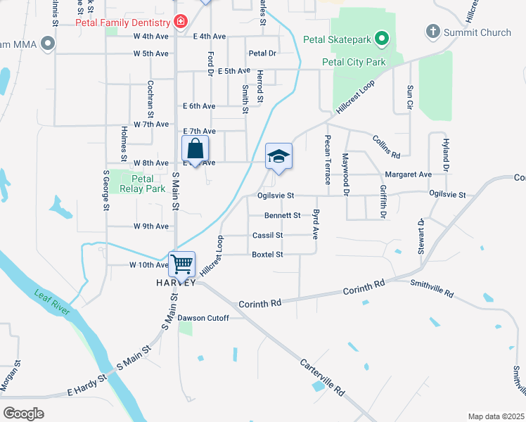 map of restaurants, bars, coffee shops, grocery stores, and more near 205 Bennett Street in Petal