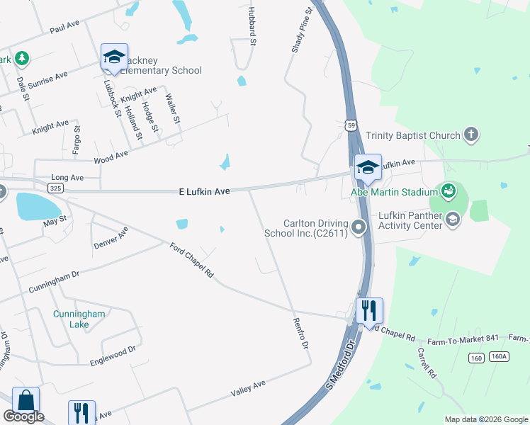 map of restaurants, bars, coffee shops, grocery stores, and more near 115 Renfro Drive in Lufkin