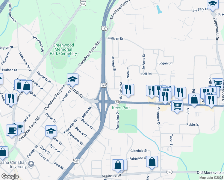 map of restaurants, bars, coffee shops, grocery stores, and more near 2304 Cherry Street in Pineville