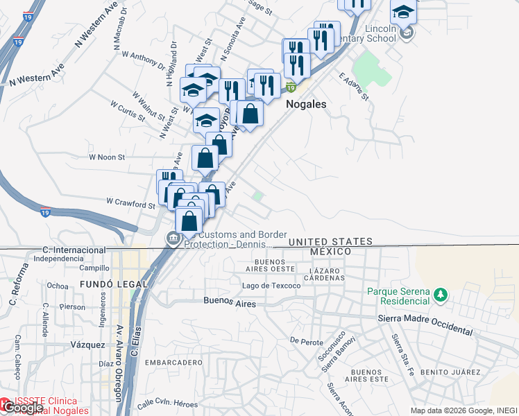 map of restaurants, bars, coffee shops, grocery stores, and more near 116 East South-Court Street in Nogales
