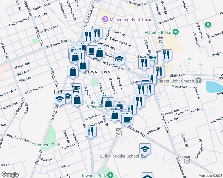map of restaurants, bars, coffee shops, grocery stores, and more near 508 East Jodie Avenue in Lufkin